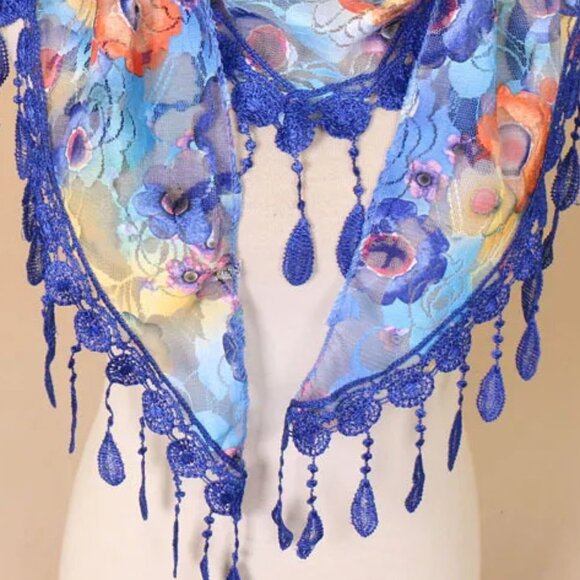 2/$30 Blue Floral Lace Fringe Scarf Shawl Wrap Sheer Lightweight Boho Vintage - Picture 6 of 7